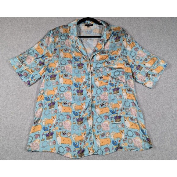 Karen Mabon Women Pajama‎ Top XL Corgi Fashion Dog Royal Short Sleeve Satin - Picture 1 of 10